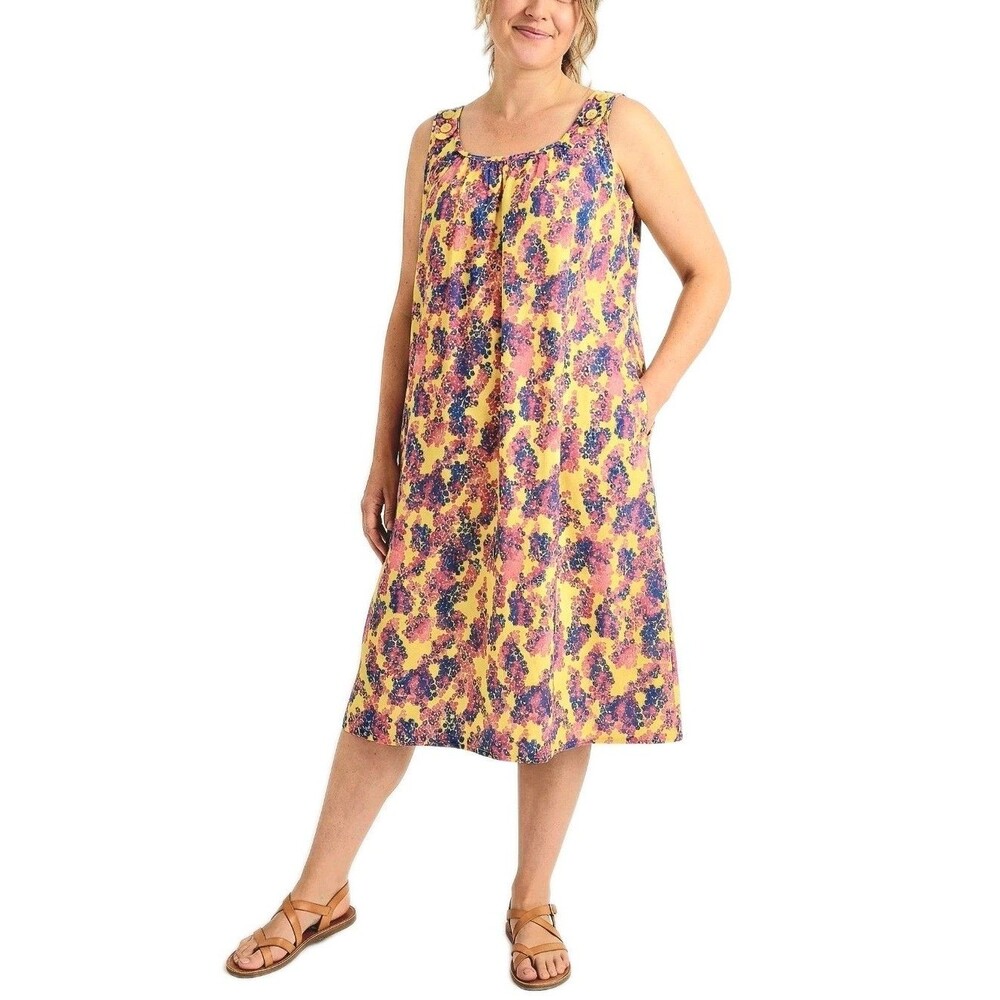A. Richards VTG Aughts Y2K Sun Dress Midi Yellow Floral Wooden Buttons Womens XL